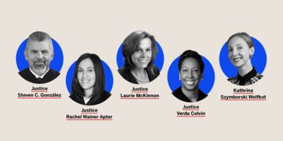 event graphic of Justice Steven C. González, Justice Laurie McKinnon, Justice Rachel Wainer Apter, Justice Verda Colvin, and Kasia Szymborski Wolfkot